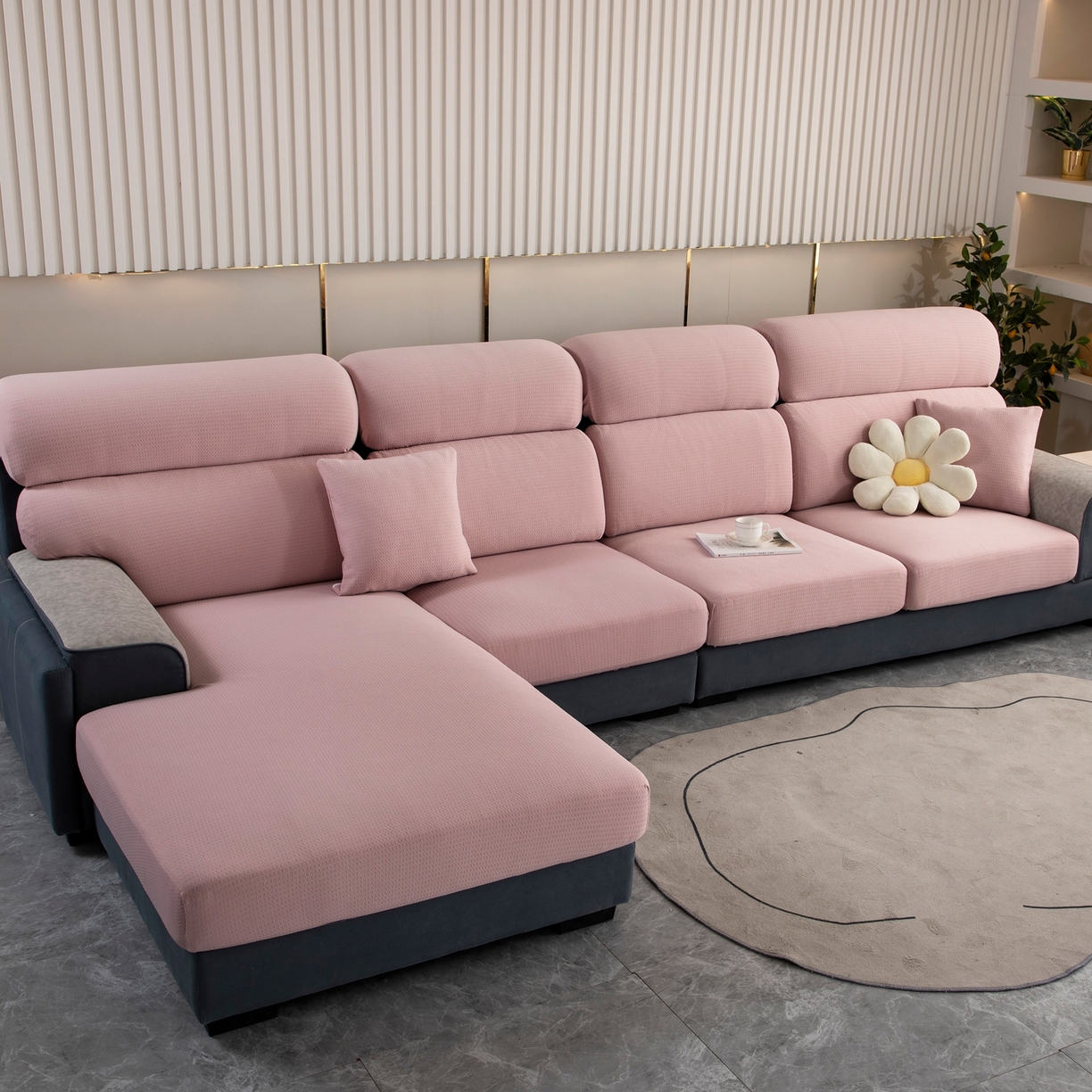 91家纺网 家纺一手货源 找家纺 沐沐家纺 2026新款苏茉小方格防水沙发笠 苏茉防水-樱花粉