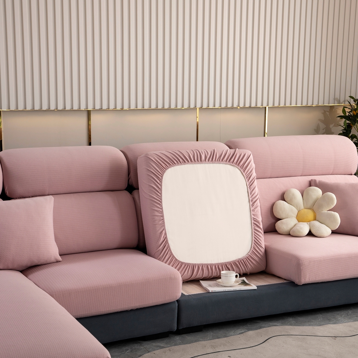 91家纺网 家纺一手货源 找家纺 沐沐家纺 2026新款苏茉小方格防水沙发笠 苏茉防水-樱花粉