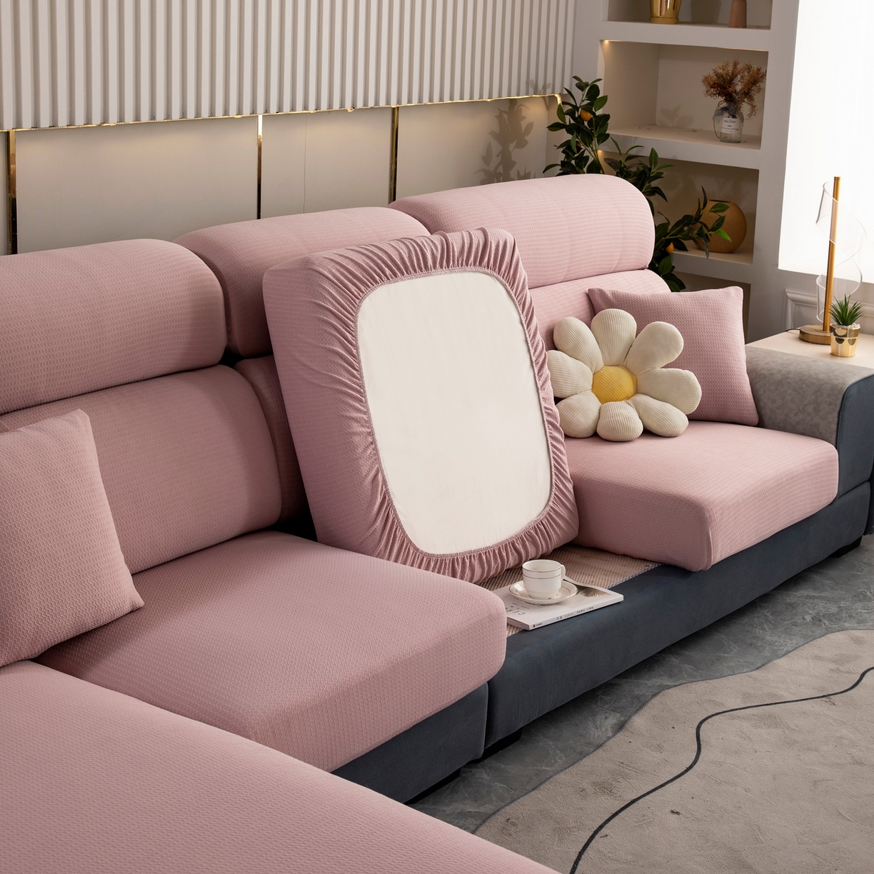 91家纺网 家纺一手货源 找家纺 沐沐家纺 2026新款苏茉小方格防水沙发笠 苏茉防水-樱花粉