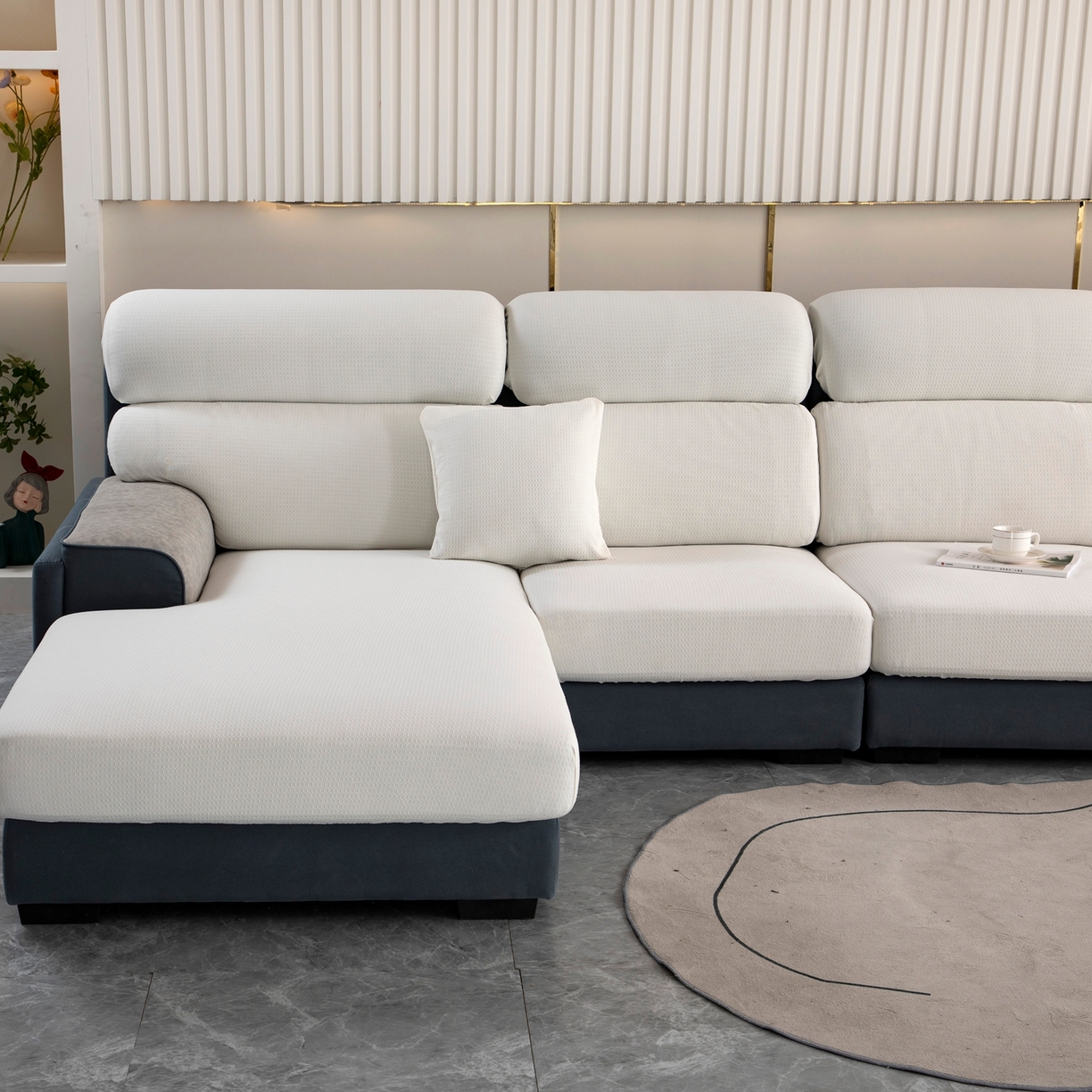 91家纺网 家纺一手货源 找家纺 沐沐家纺 2026新款苏茉小方格防水沙发笠 苏茉防水-珍珠白