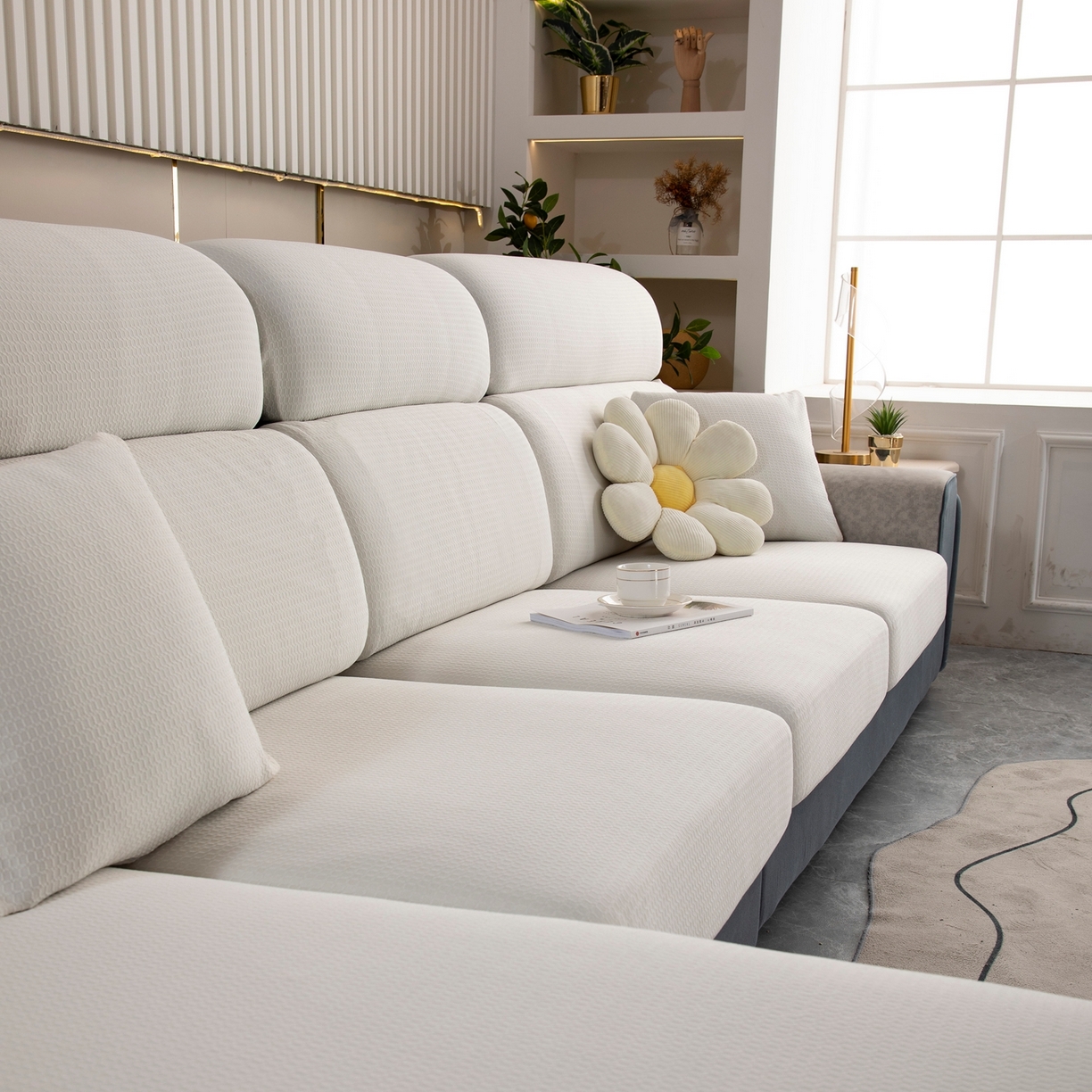 91家纺网 家纺一手货源 找家纺 沐沐家纺 2026新款苏茉小方格防水沙发笠 苏茉防水-珍珠白