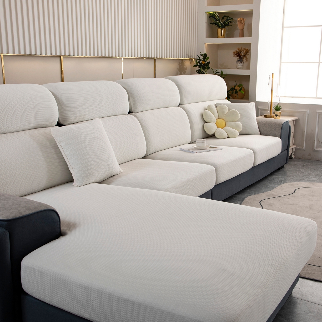 91家纺网 家纺一手货源 找家纺 沐沐家纺 2026新款苏茉小方格防水沙发笠 苏茉防水-珍珠白