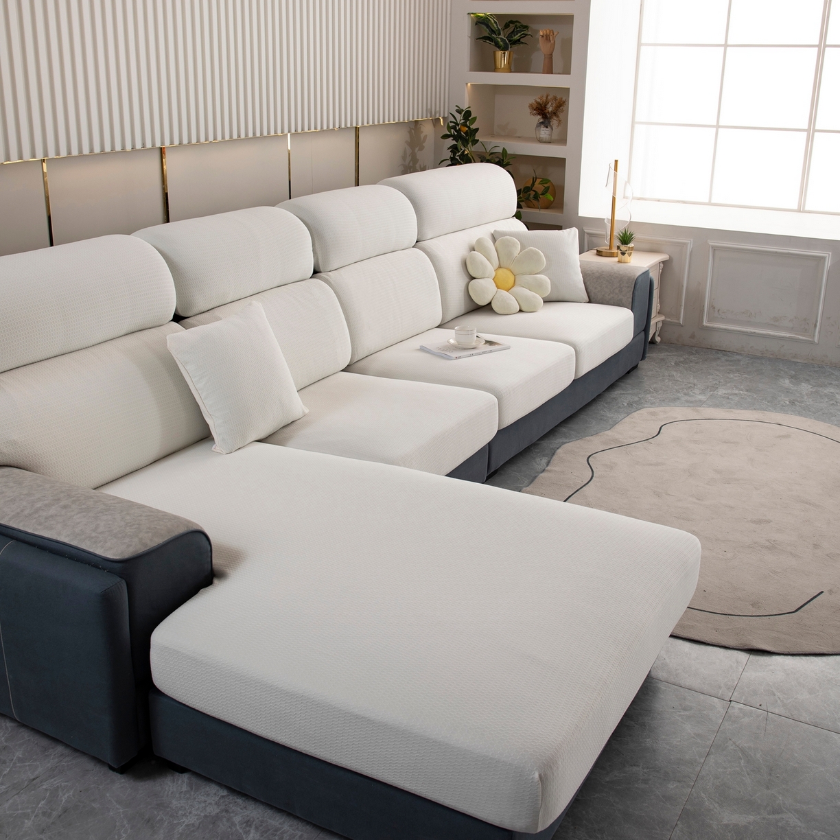 91家纺网 家纺一手货源 找家纺 沐沐家纺 2026新款苏茉小方格防水沙发笠 苏茉防水-珍珠白