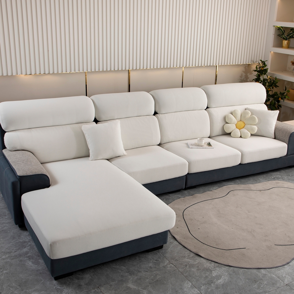 91家纺网 家纺一手货源 找家纺 沐沐家纺 2026新款苏茉小方格防水沙发笠 苏茉防水-珍珠白