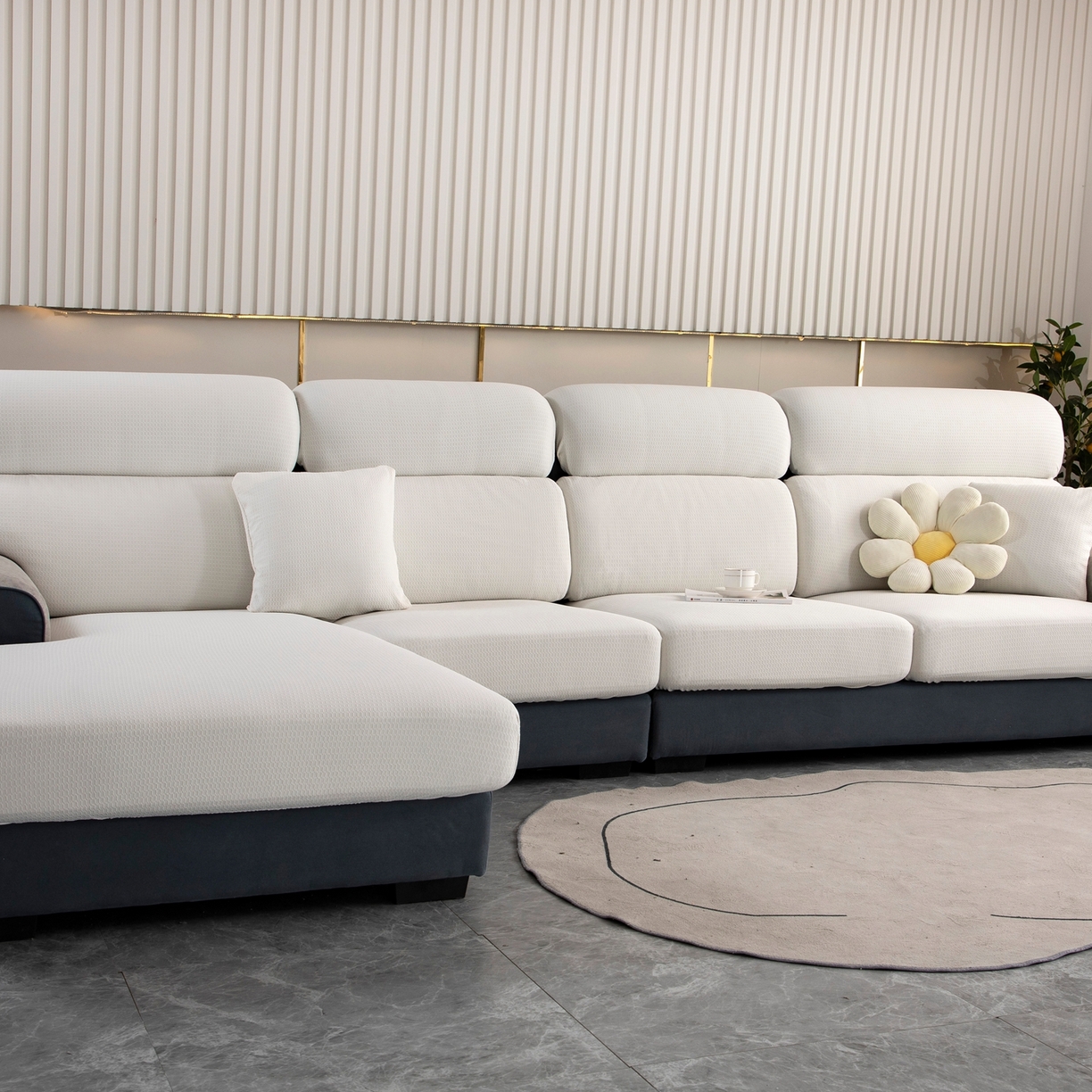 91家纺网 家纺一手货源 找家纺 沐沐家纺 2026新款苏茉小方格防水沙发笠 苏茉防水-珍珠白