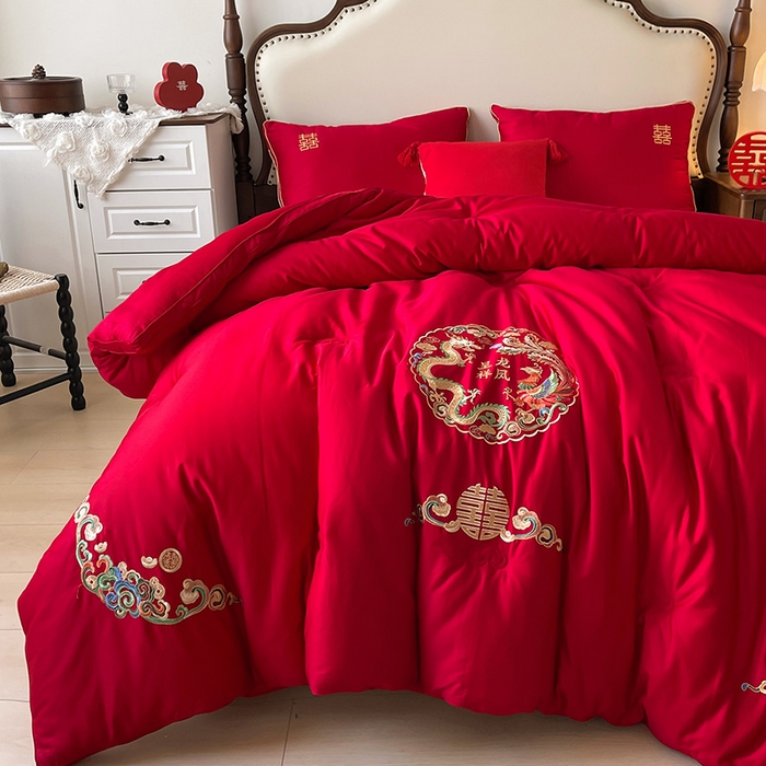 91家纺网 家纺一手货源 找家纺 （总）歌历斯家纺 2025新款60S全棉龙凤呈祥喜庆被婚庆被绣花冬被全棉冬被立体边被子被芯四季被春秋被夏被