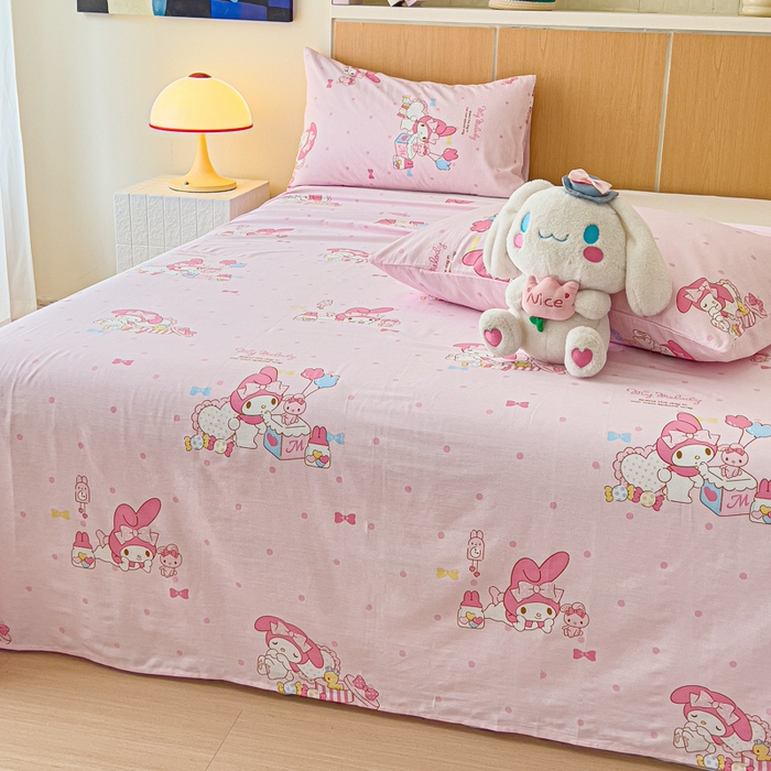 91家纺网 家纺一手货源 找家纺 金丝鸟家纺 2025新款三丽鸥系列全棉斜纹13370单品床单 波点美乐蒂