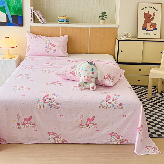 91家纺网 家纺一手货源 找家纺 金丝鸟家纺 2025新款三丽鸥系列全棉斜纹13370单品床单 波点美乐蒂