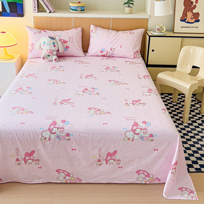 91家纺网 家纺一手货源 找家纺 金丝鸟家纺 2025新款三丽鸥系列全棉斜纹13370单品床单 波点美乐蒂