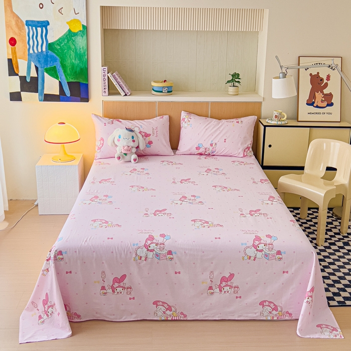 91家纺网 家纺一手货源 找家纺 金丝鸟家纺 2025新款三丽鸥系列全棉斜纹13370单品床单 波点美乐蒂