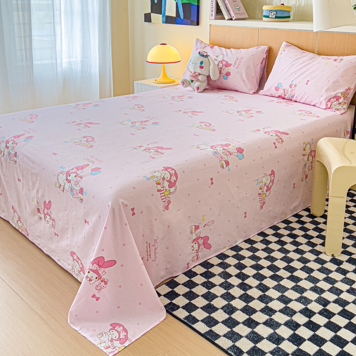 91家纺网 家纺一手货源 找家纺 金丝鸟家纺 2025新款三丽鸥系列全棉斜纹13370单品床单 波点美乐蒂