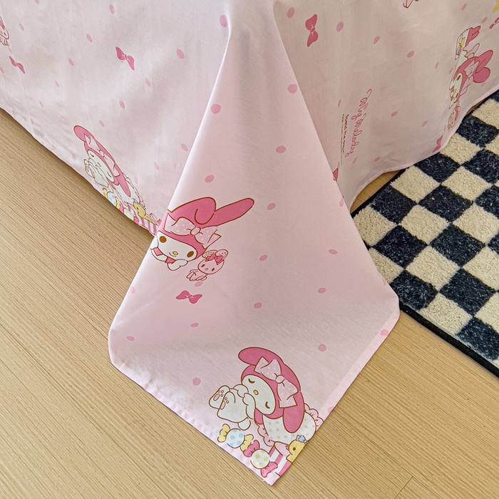 91家纺网 家纺一手货源 找家纺 金丝鸟家纺 2025新款三丽鸥系列全棉斜纹13370单品床单 波点美乐蒂