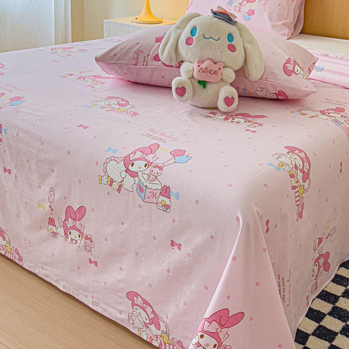 91家纺网 家纺一手货源 找家纺 金丝鸟家纺 2025新款三丽鸥系列全棉斜纹13370单品床单 波点美乐蒂