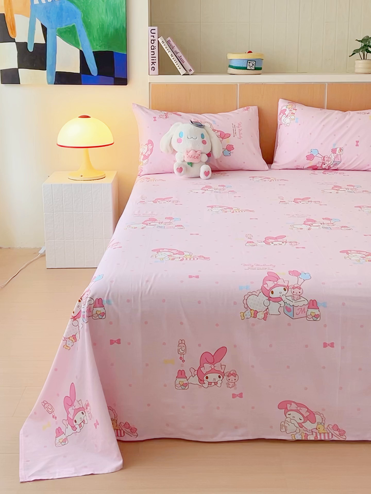 91家纺网 家纺一手货源 找家纺 金丝鸟家纺 2025新款三丽鸥系列全棉斜纹13370单品床单 波点美乐蒂