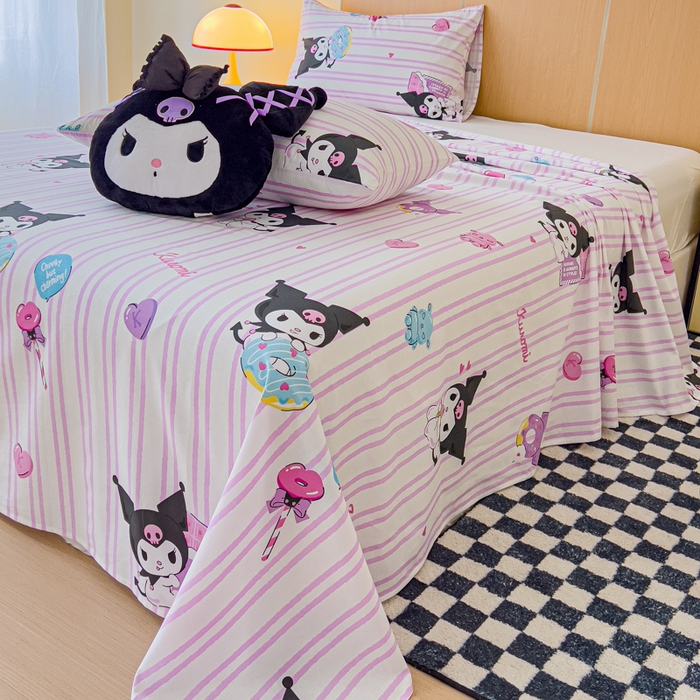 91家纺网 家纺一手货源 找家纺 金丝鸟家纺 2025新款三丽鸥系列全棉斜纹13370单品床单 条纹库洛米