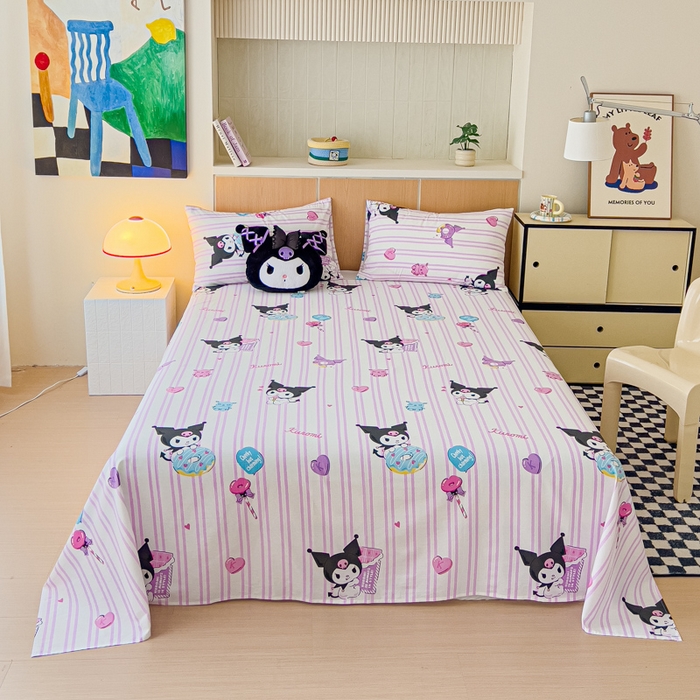 91家纺网 家纺一手货源 找家纺 金丝鸟家纺 2025新款三丽鸥系列全棉斜纹13370单品床单 条纹库洛米