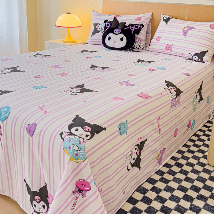 91家纺网 家纺一手货源 找家纺 金丝鸟家纺 2025新款三丽鸥系列全棉斜纹13370单品床单 条纹库洛米