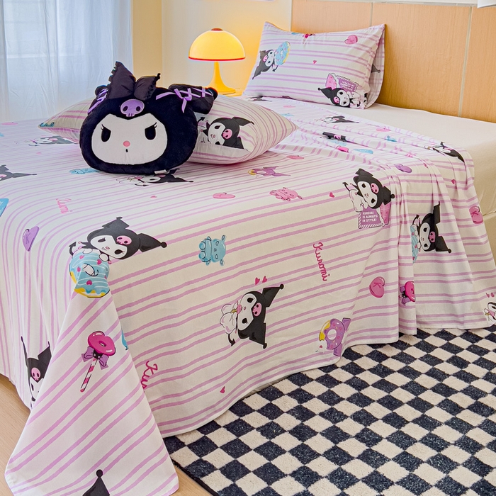 91家纺网 家纺一手货源 找家纺 金丝鸟家纺 2025新款三丽鸥系列全棉斜纹13370单品床单 条纹库洛米