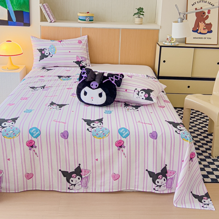 91家纺网 家纺一手货源 找家纺 金丝鸟家纺 2025新款三丽鸥系列全棉斜纹13370单品床单 条纹库洛米