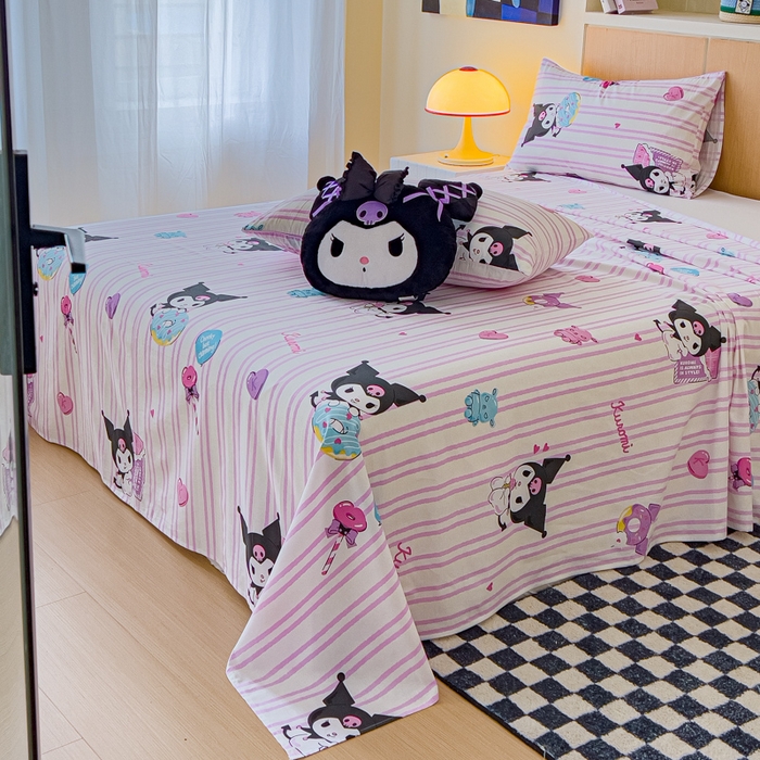 91家纺网 家纺一手货源 找家纺 金丝鸟家纺 2025新款三丽鸥系列全棉斜纹13370单品床单 条纹库洛米