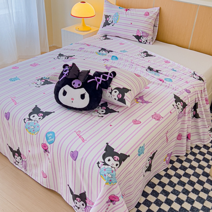 91家纺网 家纺一手货源 找家纺 金丝鸟家纺 2025新款三丽鸥系列全棉斜纹13370单品床单 条纹库洛米