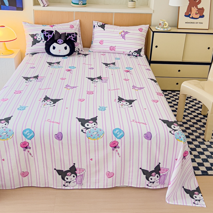 91家纺网 家纺一手货源 找家纺 金丝鸟家纺 2025新款三丽鸥系列全棉斜纹13370单品床单 条纹库洛米