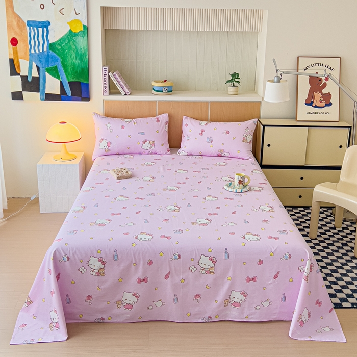 91家纺网 家纺一手货源 找家纺 金丝鸟家纺 2025新款三丽鸥系列全棉斜纹13370单品床单 晚安kt