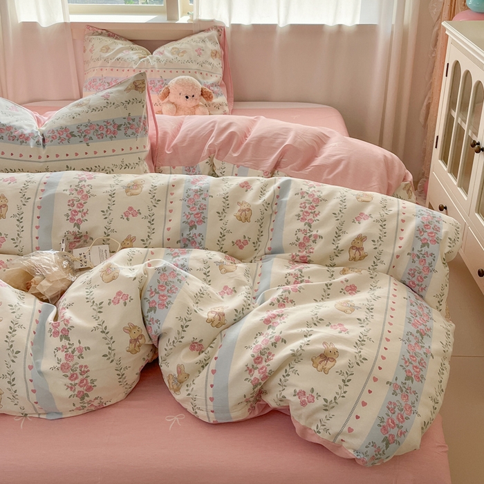 91家纺网 家纺一手货源 找家纺 盛馨家纺 2025年开学季秋冬新品小清新全棉学生三件套四件套床笠四件套跑量款系列 花藤兔