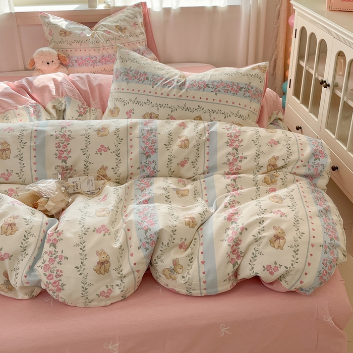 91家纺网 家纺一手货源 找家纺 盛馨家纺 2025年开学季秋冬新品小清新全棉学生三件套四件套床笠四件套跑量款系列 花藤兔