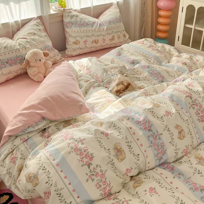 盛馨家纺 2025年开学季秋冬新品小清新全棉学生三件套四件套床笠四件套跑量款系列 花藤兔