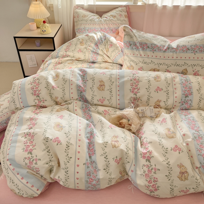 91家纺网 家纺一手货源 找家纺 盛馨家纺 2025年开学季秋冬新品小清新全棉学生三件套四件套床笠四件套跑量款系列 花藤兔