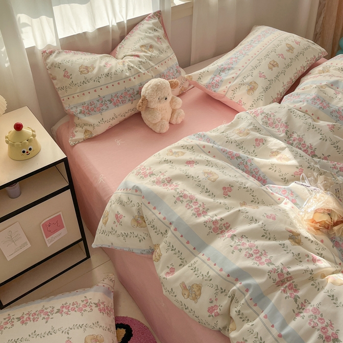 91家纺网 家纺一手货源 找家纺 盛馨家纺 2025年开学季秋冬新品小清新全棉学生三件套四件套床笠四件套跑量款系列 花藤兔