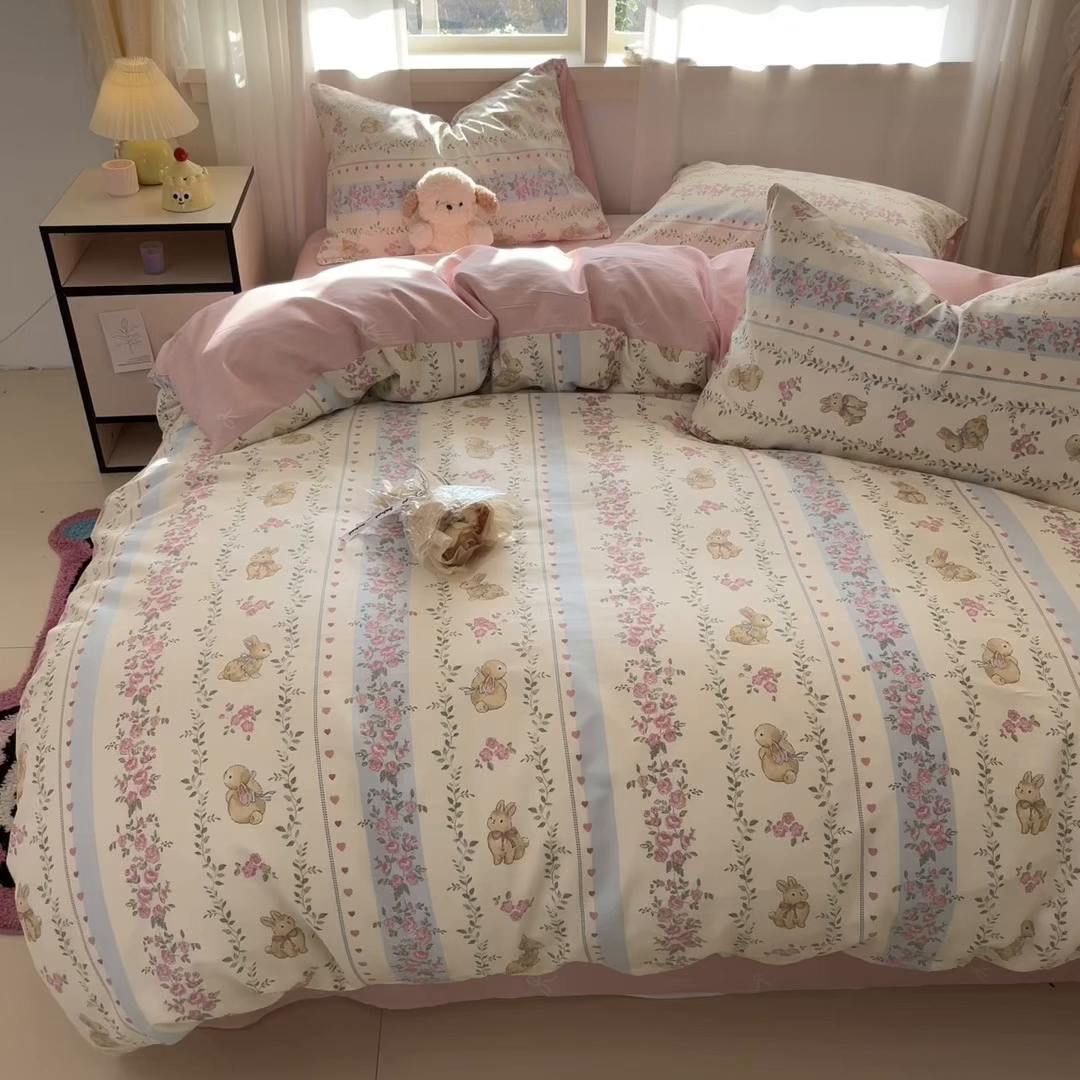 91家纺网 家纺一手货源 找家纺 盛馨家纺 2025年开学季秋冬新品小清新全棉学生三件套四件套床笠四件套跑量款系列 花藤兔