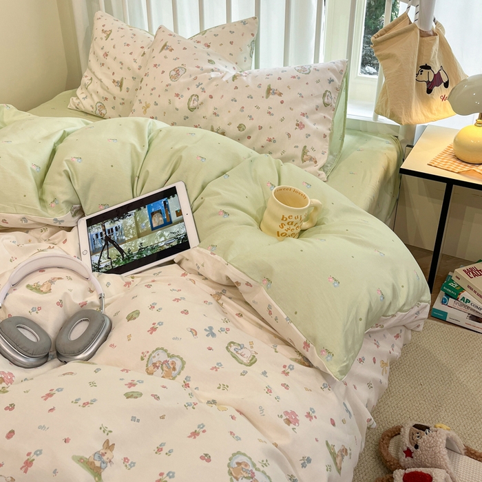 91家纺网 家纺一手货源 找家纺 盛馨家纺 2025年开学季秋冬新品小清新全棉学生三件套四件套床笠四件套跑量款系列 花漾兔兔