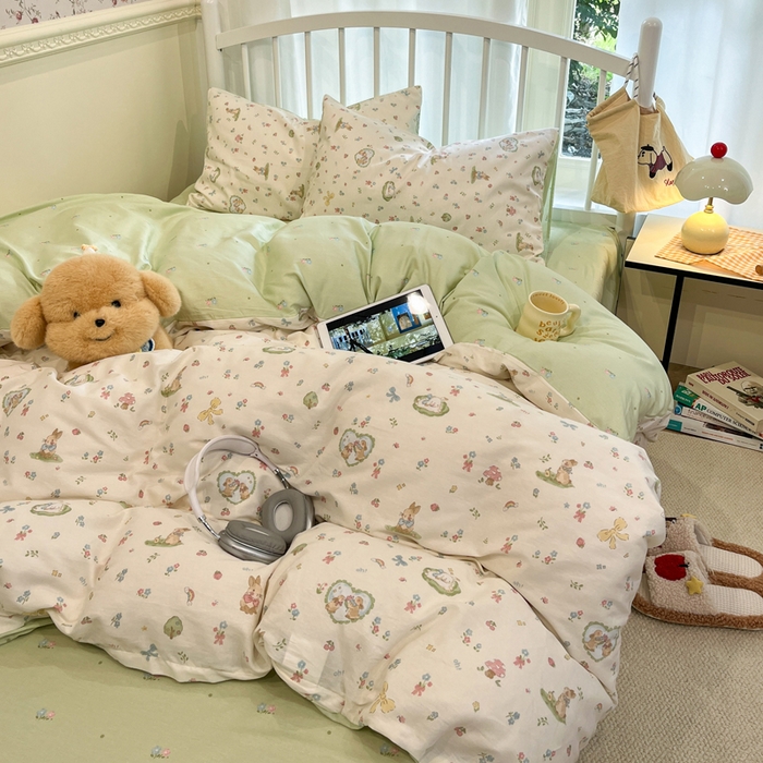 91家纺网 家纺一手货源 找家纺 盛馨家纺 2025年开学季秋冬新品小清新全棉学生三件套四件套床笠四件套跑量款系列 花漾兔兔