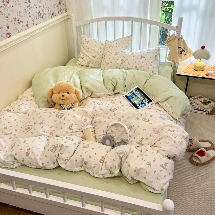 91家纺网 家纺一手货源 找家纺 盛馨家纺 2025年开学季秋冬新品小清新全棉学生三件套四件套床笠四件套跑量款系列 花漾兔兔