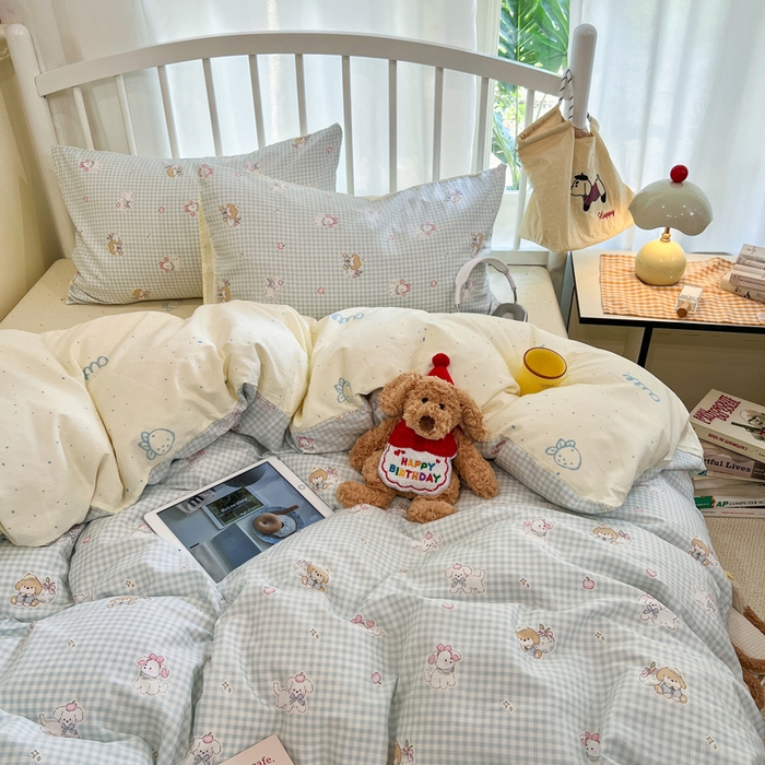 91家纺网 家纺一手货源 找家纺 盛馨家纺 2025年开学季秋冬新品小清新全棉学生三件套四件套床笠四件套跑量款系列 无忧小狗