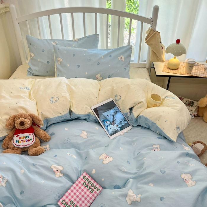 91家纺网 家纺一手货源 找家纺 盛馨家纺 2025年开学季秋冬新品小清新全棉学生三件套四件套床笠四件套跑量款系列 小白狗