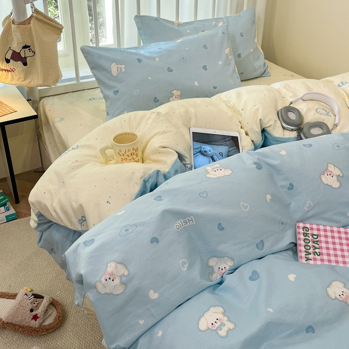 91家纺网 家纺一手货源 找家纺 盛馨家纺 2025年开学季秋冬新品小清新全棉学生三件套四件套床笠四件套跑量款系列 小白狗