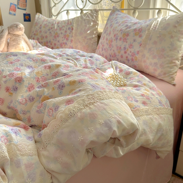 91家纺网 家纺一手货源 找家纺 （总）思诺羽床笠 2025新款A类法式小清新皱皱纱花边蕾丝水洗棉床上四件套宿舍床笠三件套