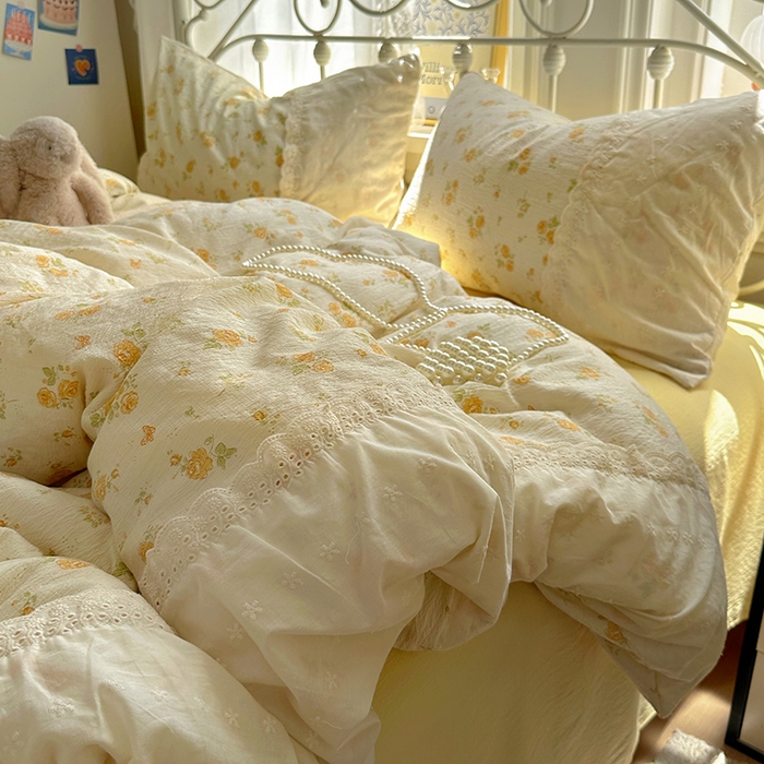 91家纺网 家纺一手货源 找家纺 （总）思诺羽床笠 2025新款A类法式小清新皱皱纱花边蕾丝水洗棉床上四件套宿舍床笠三件套
