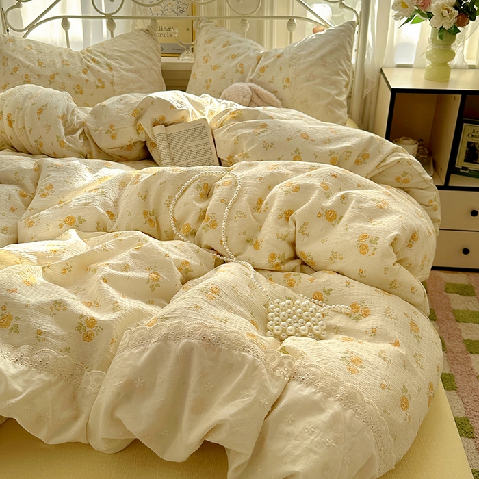 91家纺网 家纺一手货源 找家纺 （总）思诺羽床笠 2025新款A类法式小清新皱皱纱花边蕾丝水洗棉床上四件套宿舍床笠三件套