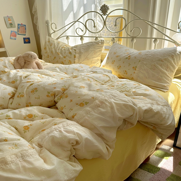 91家纺网 家纺一手货源 找家纺 （总）思诺羽床笠 2025新款A类法式小清新皱皱纱花边蕾丝水洗棉床上四件套宿舍床笠三件套