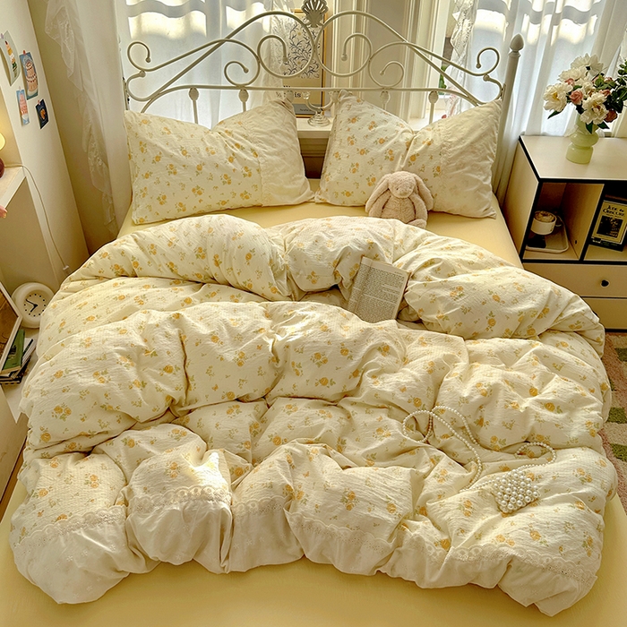 91家纺网 家纺一手货源 找家纺 （总）思诺羽床笠 2025新款A类法式小清新皱皱纱花边蕾丝水洗棉床上四件套宿舍床笠三件套