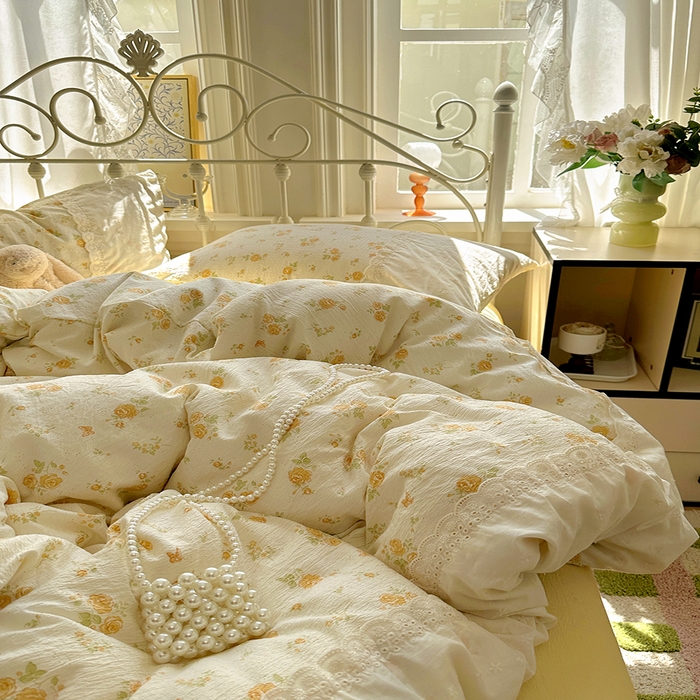 91家纺网 家纺一手货源 找家纺 （总）思诺羽床笠 2025新款A类法式小清新皱皱纱花边蕾丝水洗棉床上四件套宿舍床笠三件套