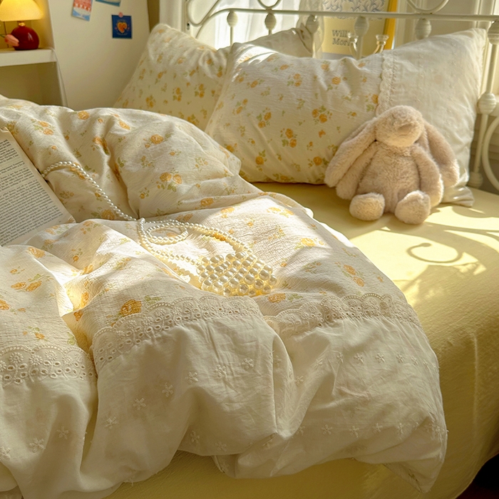 91家纺网 家纺一手货源 找家纺 （总）思诺羽床笠 2025新款A类法式小清新皱皱纱花边蕾丝水洗棉床上四件套宿舍床笠三件套