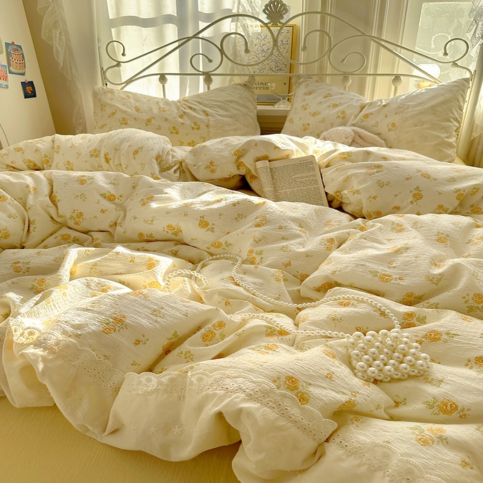 91家纺网 家纺一手货源 找家纺 （总）思诺羽床笠 2025新款A类法式小清新皱皱纱花边蕾丝水洗棉床上四件套宿舍床笠三件套