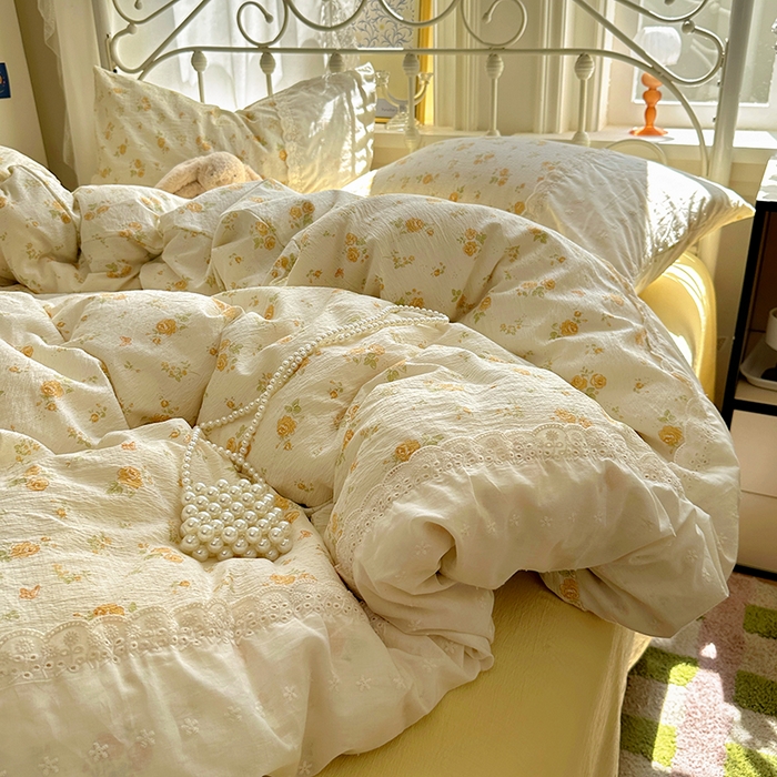 91家纺网 家纺一手货源 找家纺 （总）思诺羽床笠 2025新款A类法式小清新皱皱纱花边蕾丝水洗棉床上四件套宿舍床笠三件套