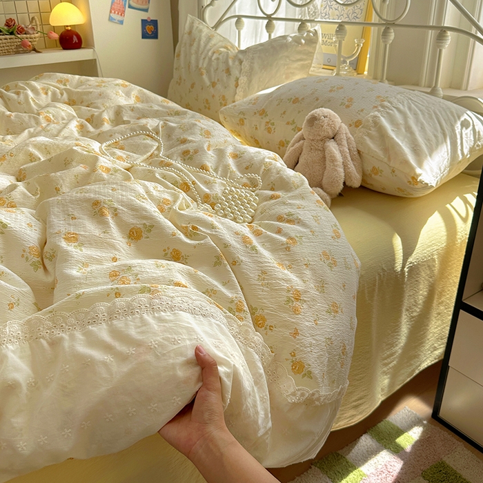 91家纺网 家纺一手货源 找家纺 （总）思诺羽床笠 2025新款A类法式小清新皱皱纱花边蕾丝水洗棉床上四件套宿舍床笠三件套