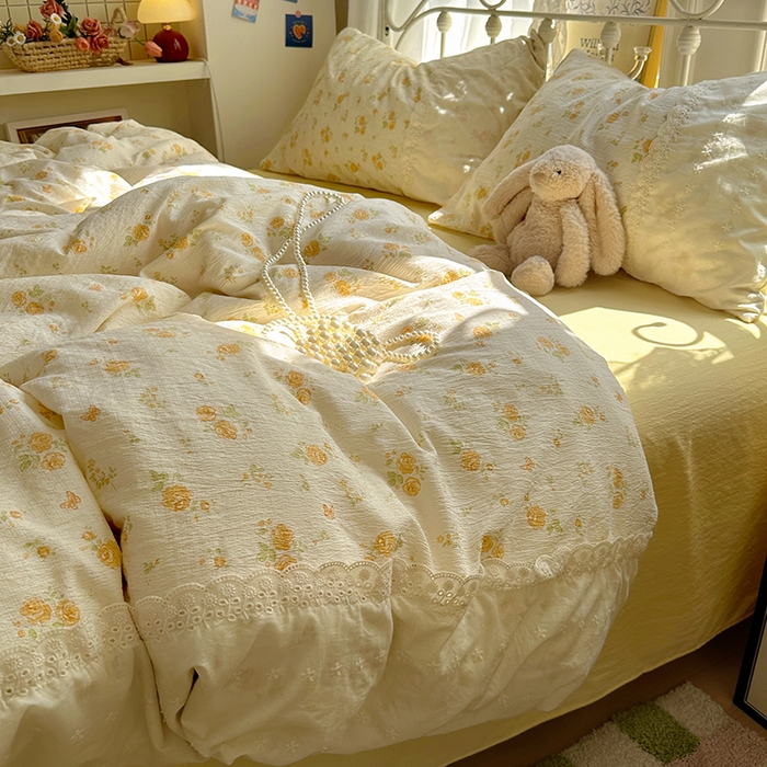 91家纺网 家纺一手货源 找家纺 （总）思诺羽床笠 2025新款A类法式小清新皱皱纱花边蕾丝水洗棉床上四件套宿舍床笠三件套